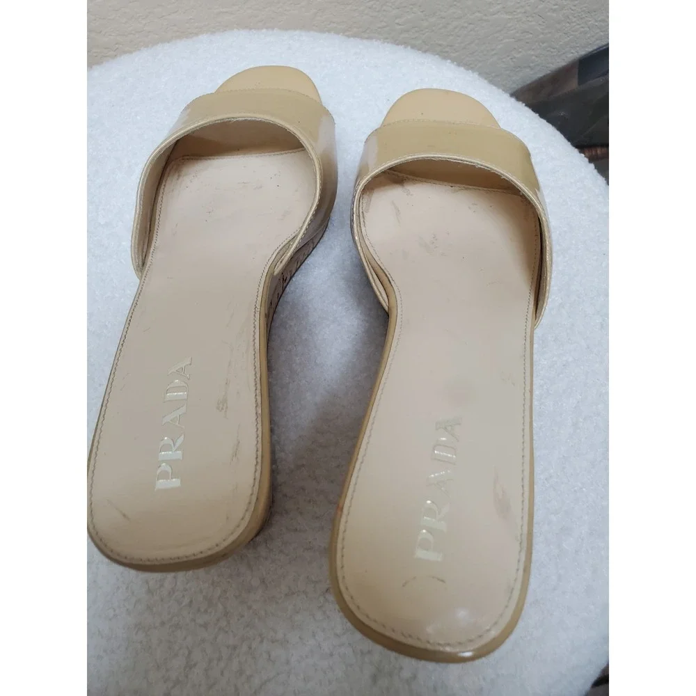 Vintage Prada nude patent leather slip-on wedge‎ sandals, size 37.5 (women's),